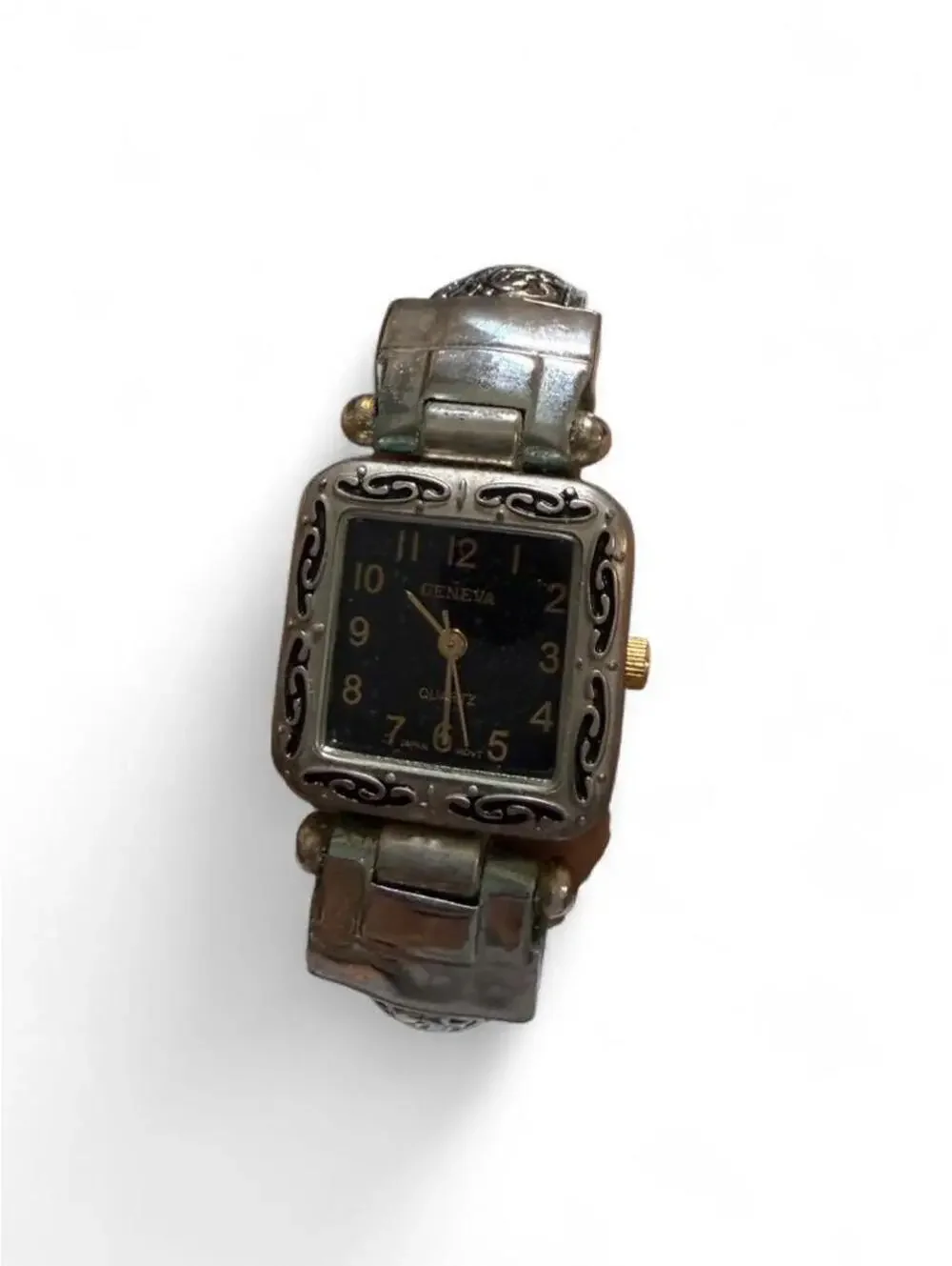 Vintage Geneva Silver Tone Cuff Watch Black Dial Y2K (Untested)